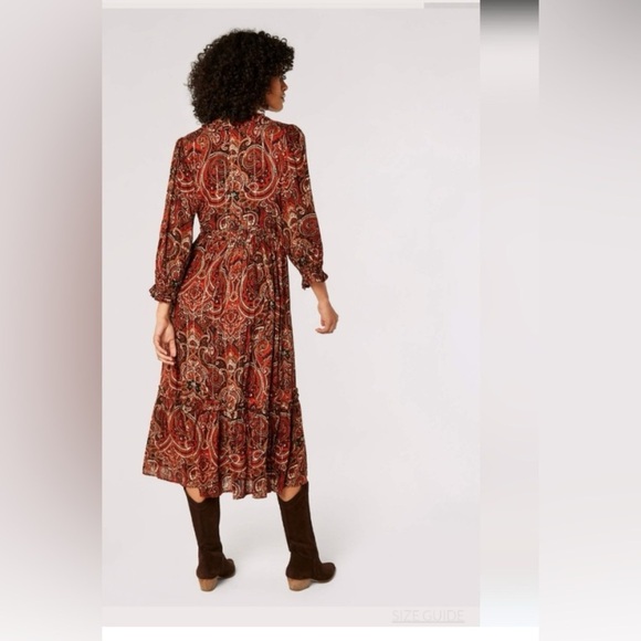 Apricot Paisley Midi Dress with Ruffles Size L - Picture 2 of 13